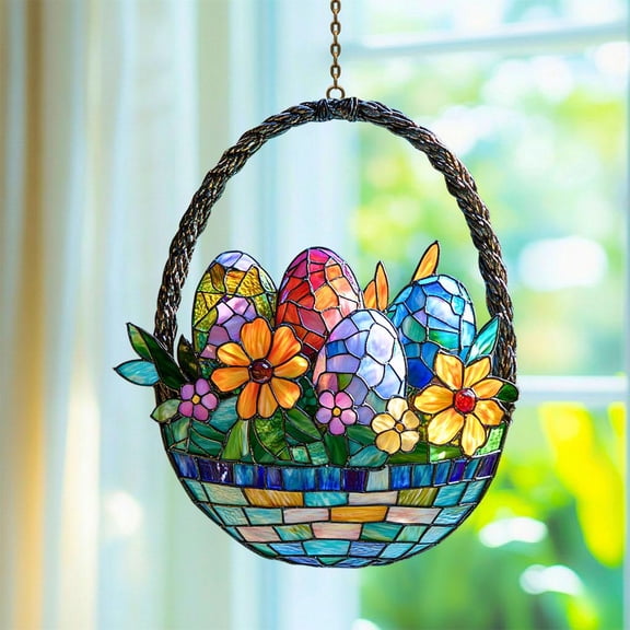 Easter Flowers Egg Basket Acrylic Suncatcher, Colorful Floral Window Hanging, Spring Sun Catch Decor, Easter Home Ornament