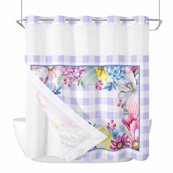 Easter Flowers No Hooks Shower Curtain with Snap-in Liner Color Egg Pink Floral Roses Hydrangea Purple Plaid Shower Curtains for Bathroom, Waterproof, Easy Install, Washable 72"x72"
