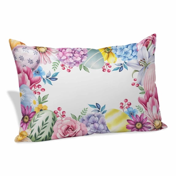 Easter Flowers Pillow Covers, Linen Long Throw Pillow Case, Eggs Spring Colorful Tulips Daisy Berries Holiday Pillow Protector Decorative Cushion Cover for Living Room/Bedroom 16" x 24"