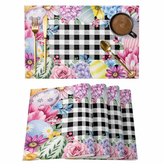 Easter Flowers Placemats Set of 4, Watercolor Pink Purple Floral Eggs Farm Plaid Placemats for Dining Table, Place Mats for Kitchen Tabletop, Waterproof Wipeable Dining Table Mats Set