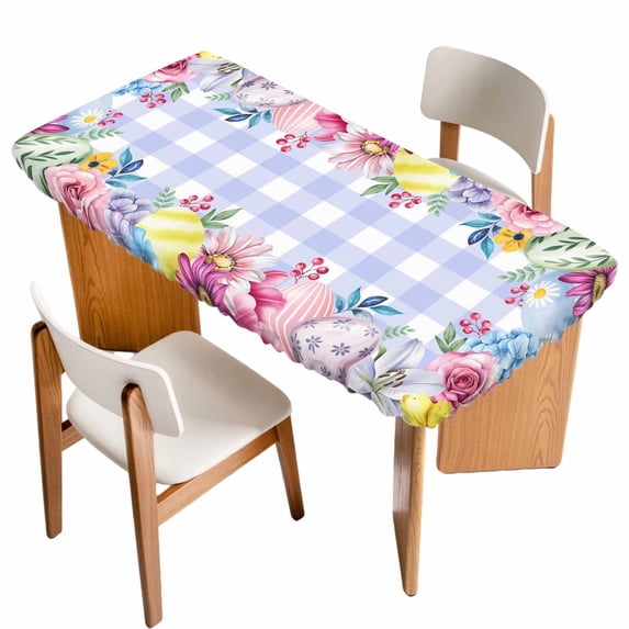 Easter Flowers Table Cloths for 3 Foot Rectangle Tables, Watercolor Pink Floral Eggs Purple Plaid Patio Waterproof Elastic Fitted Tablecloths, Washable Rectangular Table Cover for Camping
