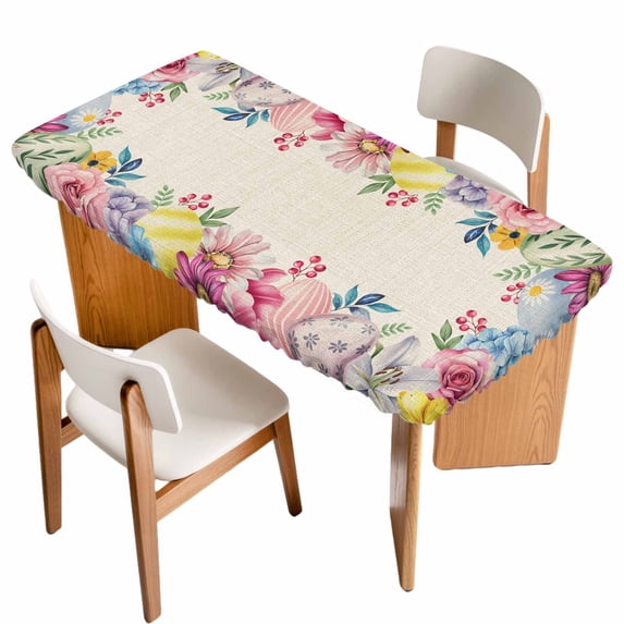 Easter Flowers Table Cloths for 5 Foot Rectangle Tables, Eggs Spring Floral Rustic Vintage Patio Waterproof Elastic Fitted Tablecloths, Washable Rectangular Table Cover for Camping