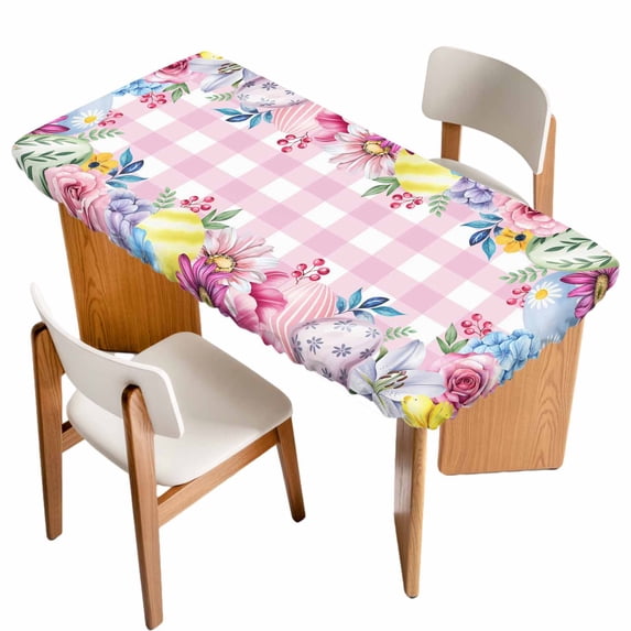 Easter Flowers Table Cloths for 6 Foot Rectangle Tables, Eggs Spring Floral Rustic Pink Checkered Patio Waterproof Elastic Fitted Tablecloths, Washable Rectangular Table Cover for Camping