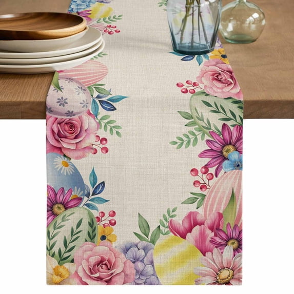 Easter Flowers Table Runner 90 Inches, Eggs Spring Floral Rustic Vintage Bed Runner Dresser Scarves Tabletop for Indoor Outdoor Parties/Ceremony/Banquet, 13" x 90"