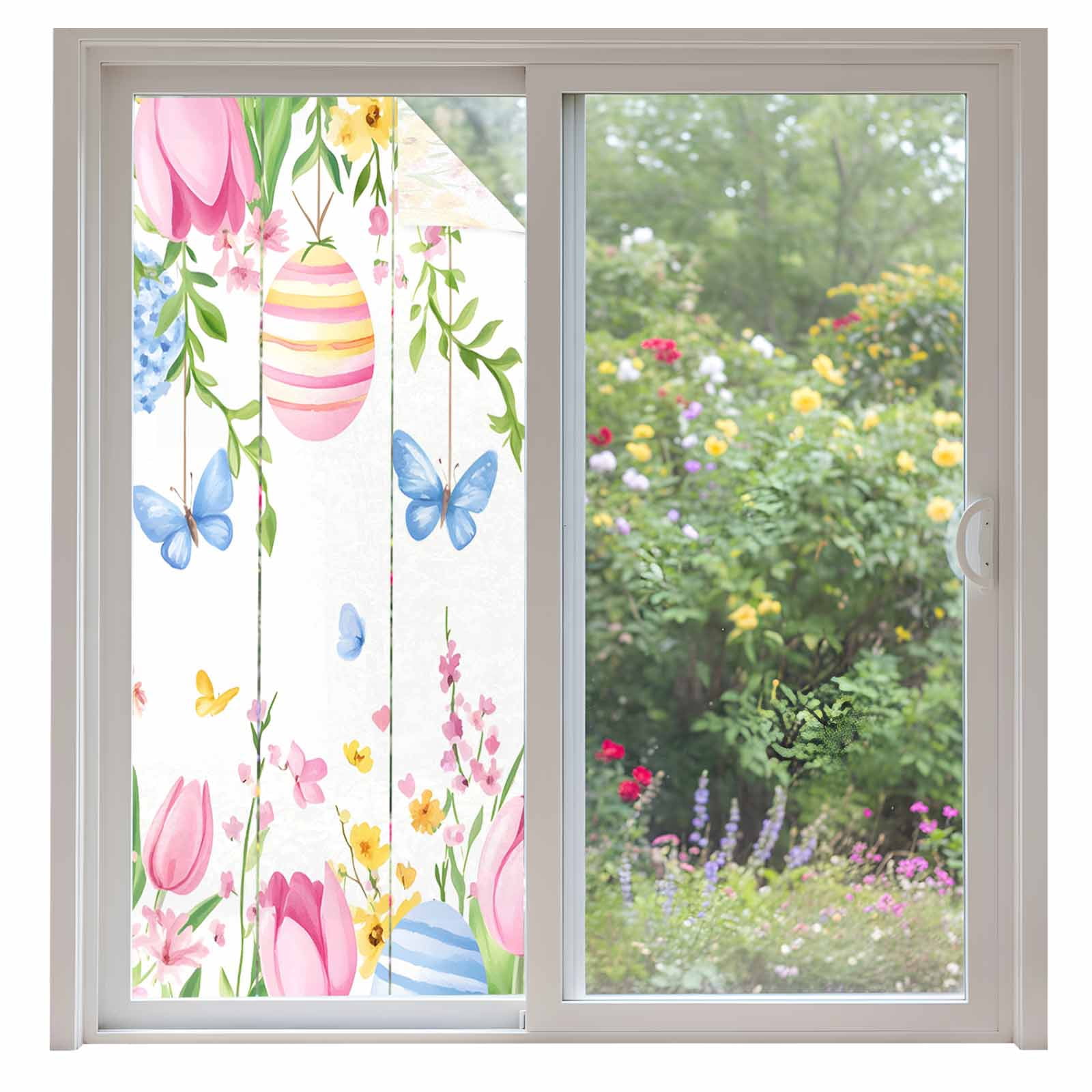 Easter Flowers Window Privacy Film, Watercolor Country Pink Blue Yellow Floral Eggs Butterfly Frosted Glass Window Clings Static Cling UV Heat Blocking Reusable Sticker for Bedroom 35.4x78.7 Inch