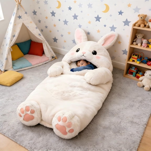 Easter Fluffy Bunny Rabbit Sleeping Bag for Human, Adults Soft Sleeping Bag, Plush Animal Wearable Blanket, Washable Adorable Bunny Rabbit Sleepings Bags for Camping Sleepovers & Home Lounging White
