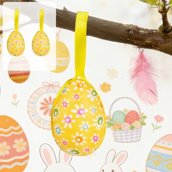 Easter Foam Egg Ornaments Set of 2 Floral & Plaid Fabric Wrapped Decorations with Hanging Ribbon for Party and Holiday Decor