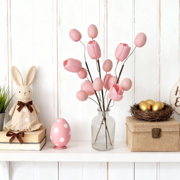 Easter Foam Tulips with Eggs, Yellow Pink Purple Flower Branches for Vase Arrangements, 13.78 Inches Indoor Decor, Spring Holiday Tabletop Decoration, Realistic Floral Display