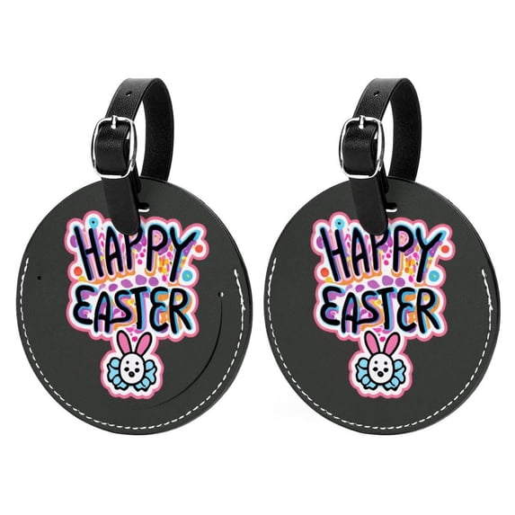 Easter Font 2Pcs PU Leather Round Luggage Tags with Privacy Cover and Name ID Tag for Suitcase, Handbags, Backpacks, School Bags