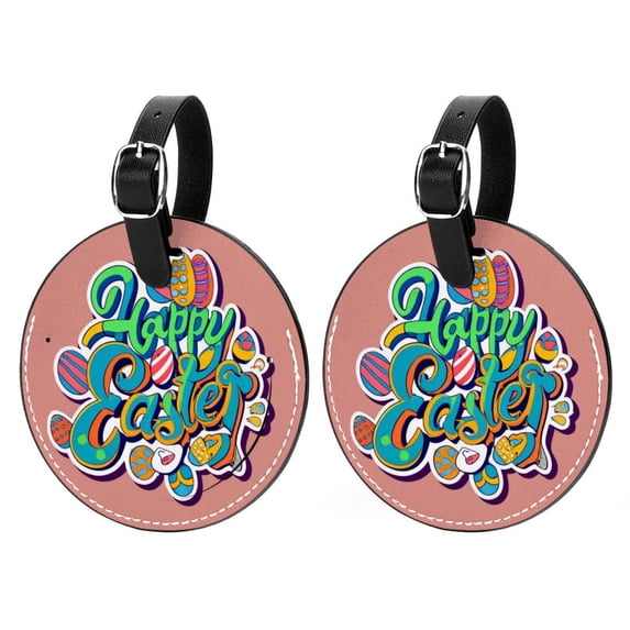 Easter Font 2Pcs PU Leather Round Luggage Tags with Privacy Cover and Name ID Tag for Suitcase, Handbags, Backpacks, School Bags