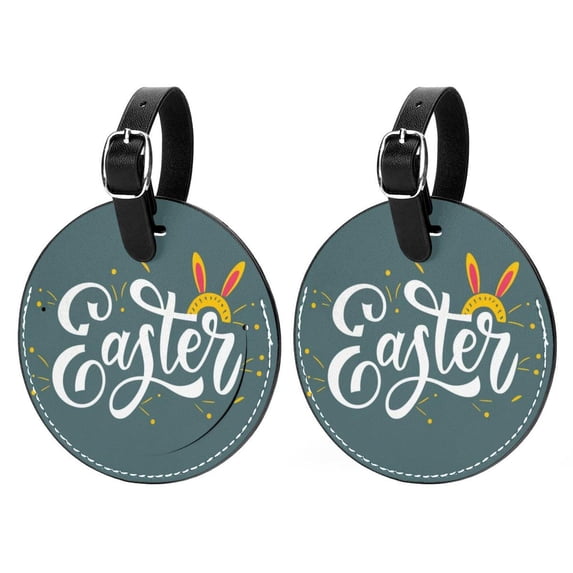 Easter Font 2pcs PU Leather Round Bag Tags with Privacy Cover and Name ID Tag - Suitcase Tags for Travel Luggage, Handbags, Backpacks, School Bags