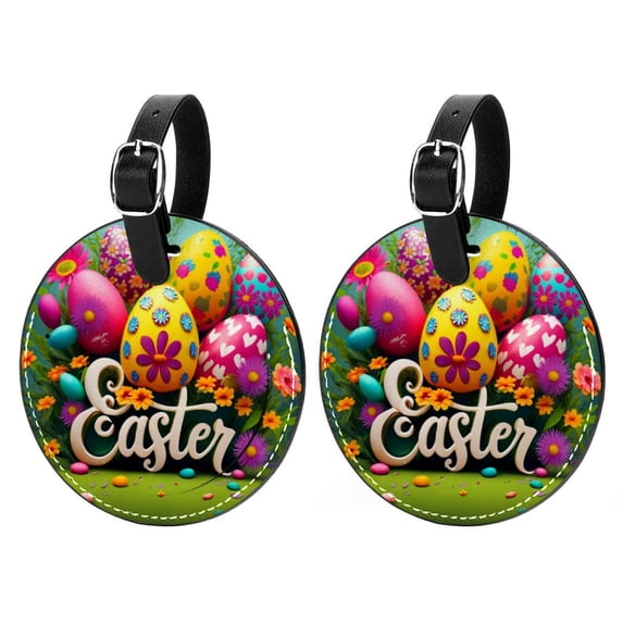 Easter Font 2pcs PU Leather Round Bag Tags with Privacy Cover and Name ID Tag - Suitcase Tags for Travel Luggage, Handbags, Backpacks, School Bags