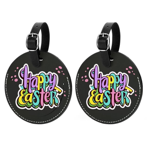Easter Font 2pcs PU Leather Round Bag Tags with Privacy Cover and Name ID Tag - Suitcase Tags for Travel Luggage, Handbags, Backpacks, School Bags