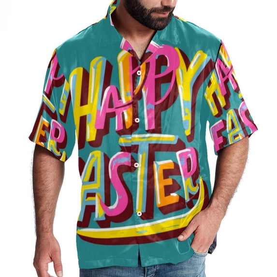 Easter Font Men's Casual Poplin Printed Button Down Short Sleeve Summer Beach Shirts - Unisex