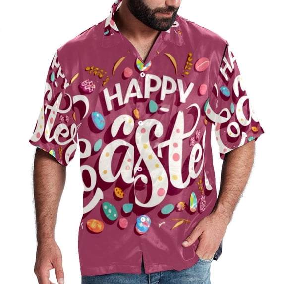 Easter Font Men's Short Sleeve Poplin Button Down Shirts - Casual Printed Summer Beach Tops for Men