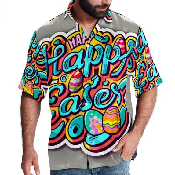 Easter Font Men's Short Sleeve Poplin Shirt, Button Down Casual Summer Beach Printed Unisex Shirt