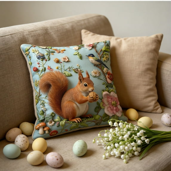 Easter Forest Animals Throw Pillow Covers 18x18,Easter Squirrel Pillow Covers,Floral Throw Pillow Cases, Spring Decorative Farmhouse Decor Farmhouse Decorative Cushions for Sofa Couch Bed Home Decor