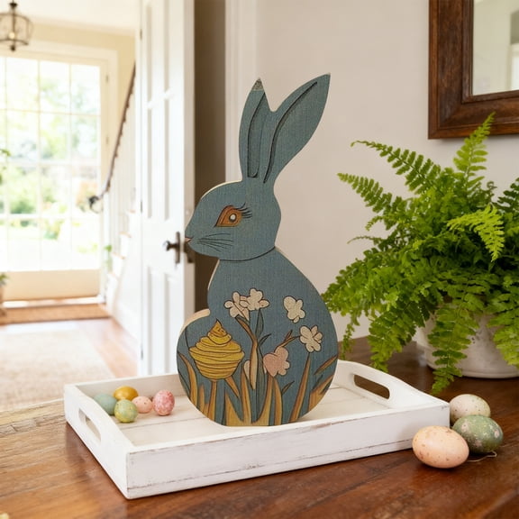 Easter Forest Style Wooden Bunny Hanging Pendant, Cute Handmade Wooden Rabbit Ornament, Easter Party Supply for Home Decor, Lightweight Hanging Easter Decoration, 5.91*2.76in, Blue