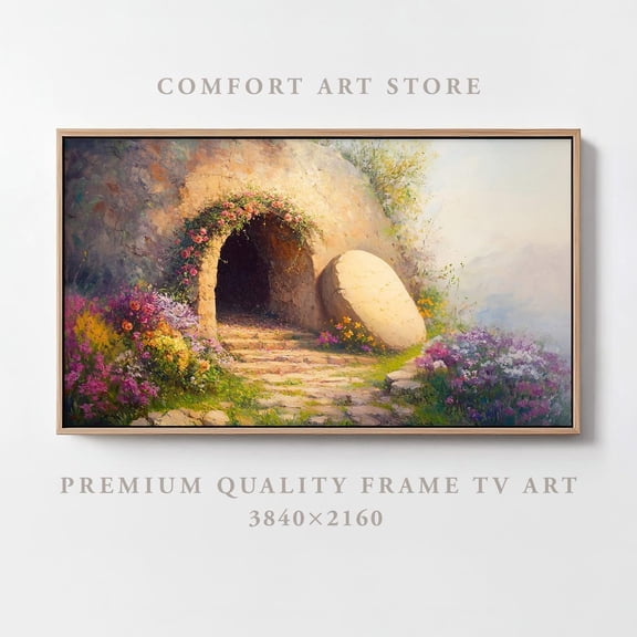 Easter Frame Tv Art Samsung Frame Tv Resurrection Jesus Frame Tv Easter Lds Christian Painting Vintage Christ He Is Risen Decor Empty Tomb, Stretched Canvas Size 16x24