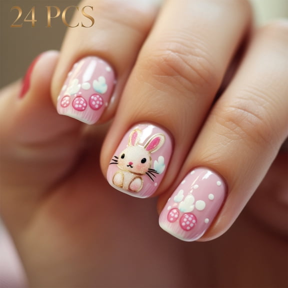 Easter French Tip Press-On Nails, Almond,multicolor,Medium Length, 24 Count