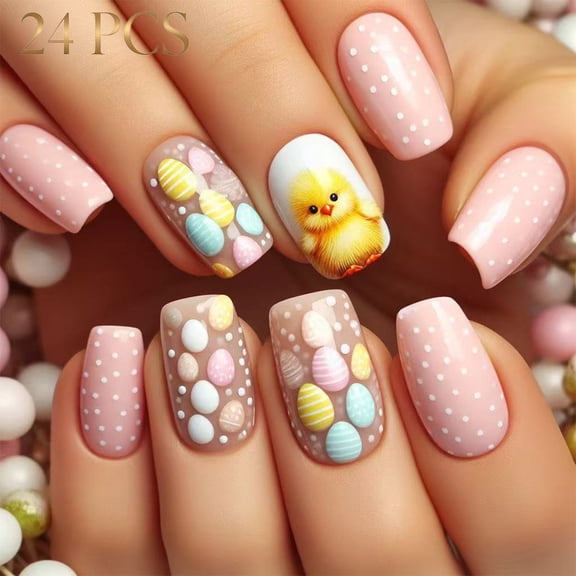 Easter French Tip Press-On Nails, Almond,multicolor,Medium Length, 24 Count