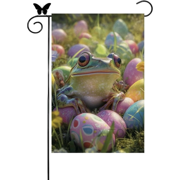 Easter Frog Garden Flag 12x18 Inch Double Sided Watercolor Eggs Small Seasonal Outdoor Yard Decoration