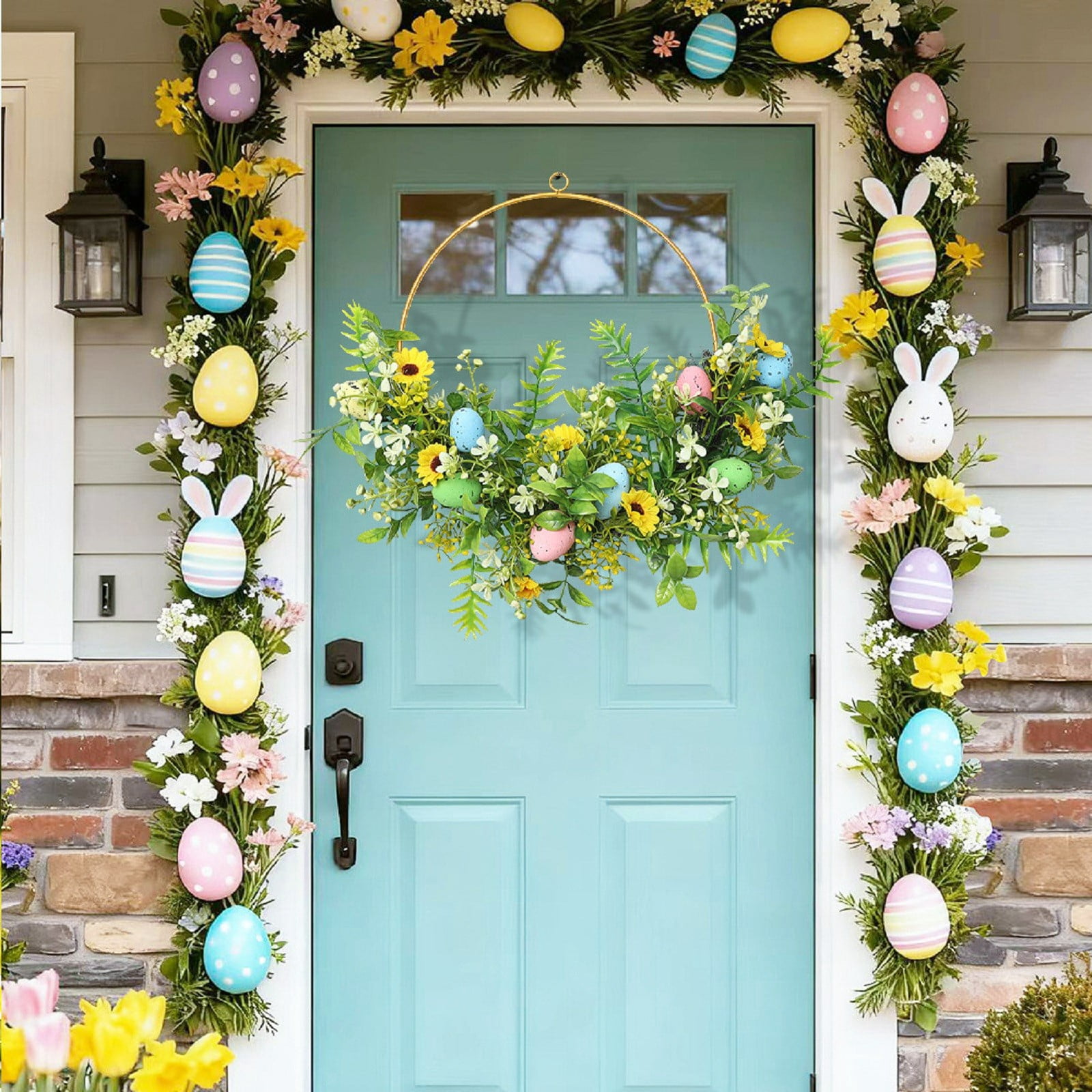 Easter Front Door Wreath, Artificial Green Leaves, Flowers & Eggs, 15.