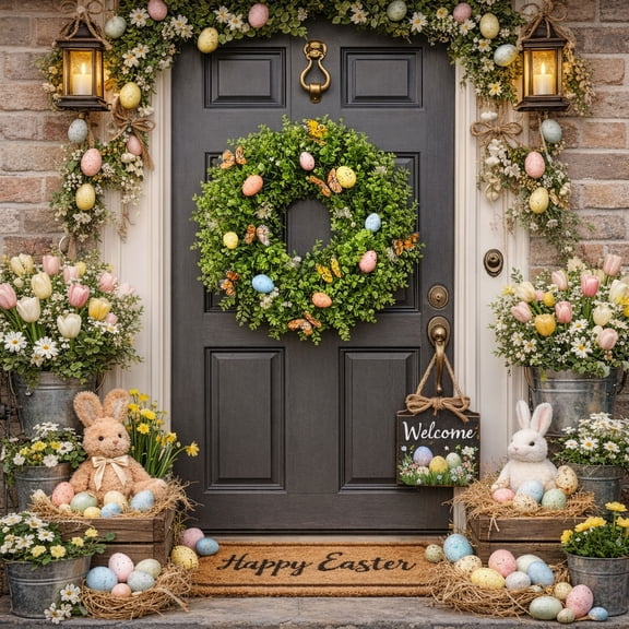 Easter Front Door Wreath with Realistic Colored Eggs and Butterflies, Spring Decorative Wreath, Indoor Outdoor Home Decor, Patio Porch Hanging Decoration, Holiday Seasonal Gift Multicolor
