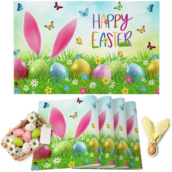 Easter Funny Rabbit Placemats Set of 6 Washable Table Mats for Kitchen Dining Table, Spring Eggs Heat-Resistant Cotton Linen Place Mats for Indoor Outdoor Parties Holiday Decoration