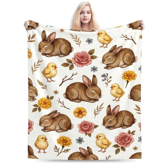 Easter Fuzzy Blanket Watercolor Bunny Floral Throw Blanket Rabbit Flower Flannel Blankets for Spring Home Chair Sofa Couch Bed 50x40