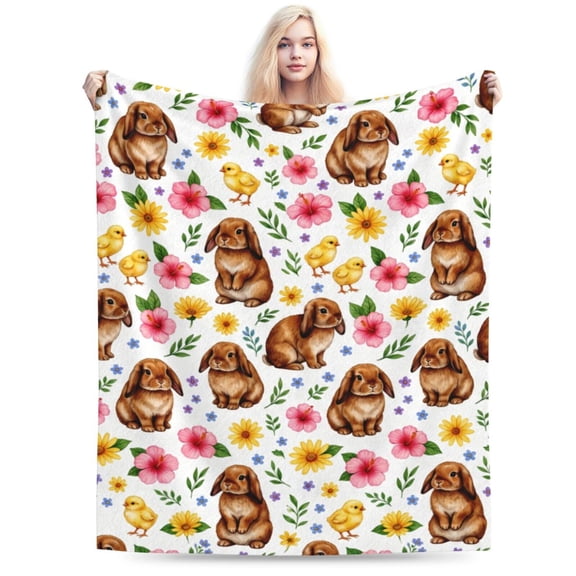 Easter Fuzzy Blanket Watercolor Bunny Floral Throw Blanket Rabbit Flower Flannel Blankets for Spring Home Chair Sofa Couch Bed 50x40