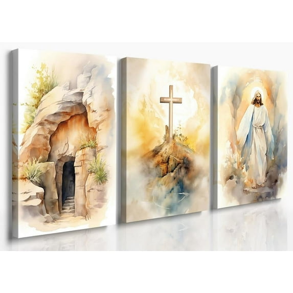 Easter Gallery Set of 3 Resurrection Empty Tomb Ascension of Jesus Watercolor Painting Jesus Wall Art Christian Easter Decorations Jusus Decor Living Room Home Decor Christian Wall Art 12"x16"