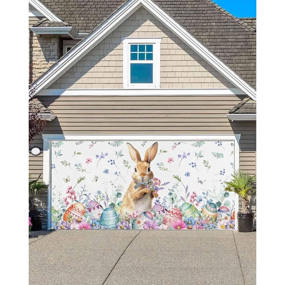 Easter Garage Door Banner Cover 6 x 13 ft, Easter Bunny Eggs Spring Flowers Leaves Easter Banners Easter Backdrops Photography Banner for Spring Easter Party Decorations