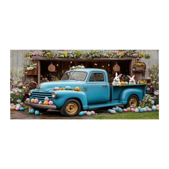 The Easter Garage Door Banner Cover Is Decorated with A Retro Blue Truck An Interesting Rabbit Colorful Eggs and A Wooden Garage Door Exterior Background