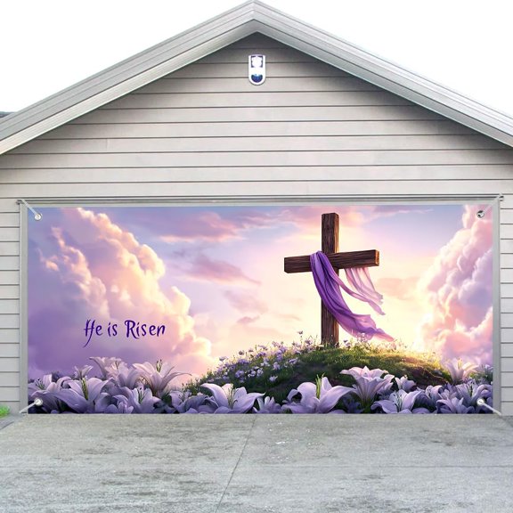Easter Garage Door Cover 157.48 x 70.87 Inch He is Risen Cross with Purple Cloth and White Lilies Garage Door Decoration for Outdoor Spring Religious Home Decor