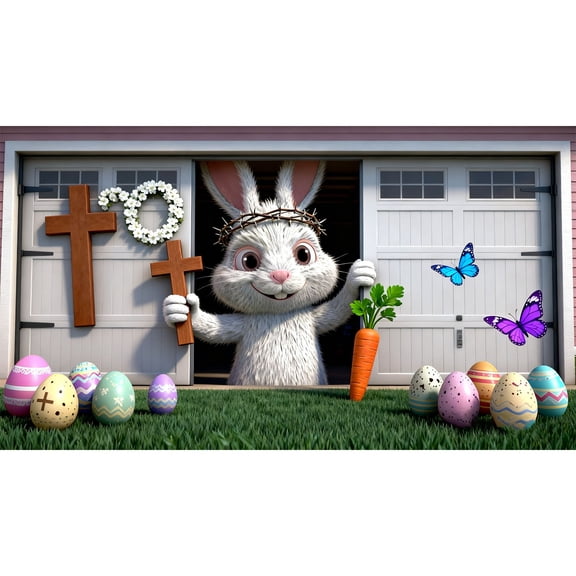 Easter Garage Door Decoration 16x7 ft, Happy Easter Bunny Egg & Flower Banner Cover, Large Outdoor Indoor Hanging Background for Spring Party Supplies & Decor