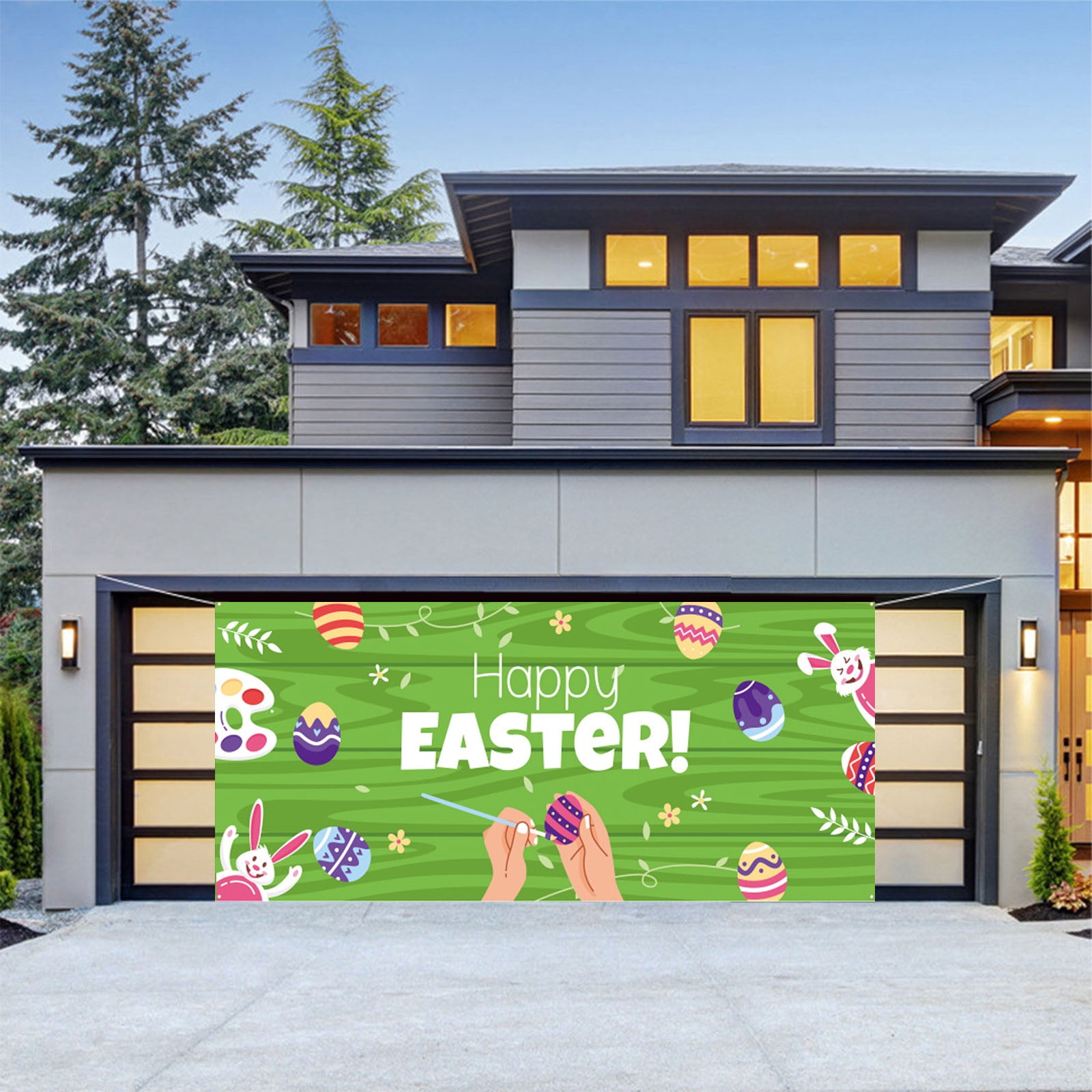 Easter Garage Door Hanging Flag Banner Bunny Eggs Flowers Colorful Home