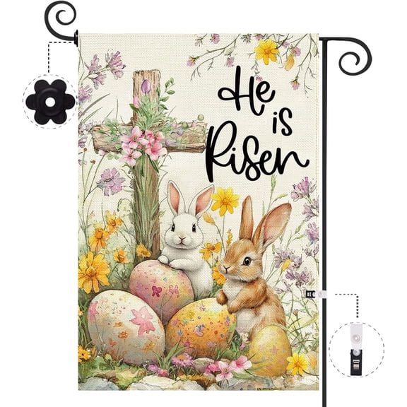 Easter Garden Flag 12.5 x 18 Inch, Double Sided Burlap Cross He Is Risen Bunny Eggs Floral Farmhouse Small Yard Flag Seasonal Holiday Spring Easter Outdoor Decor