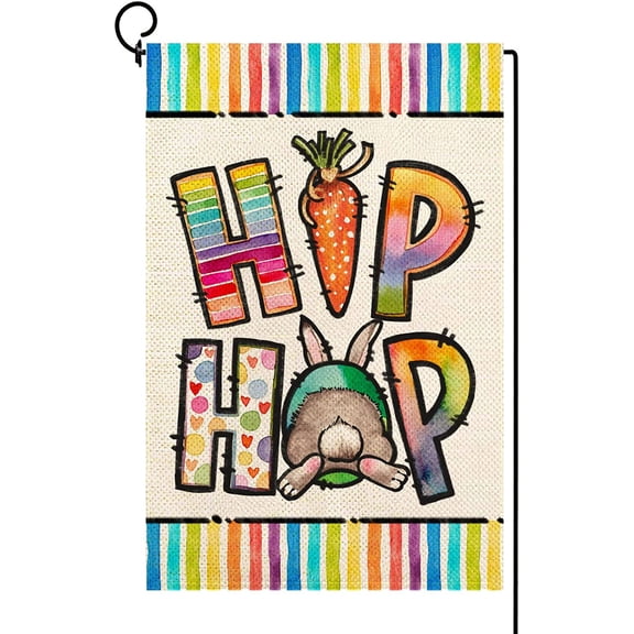 Easter Garden Flag 12.5 x 18 Inch Double Sided,Easter Hip Hop Cute Bunny Rabbit Peeps Carrot Small Burlap Yard Flag Spring Summer Outdoor Outside Holiday Seasonal Decoration