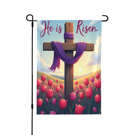 Easter Garden Flag 12.5x18 Double Sided Burlap, Small Vertical Easter Sun Cross Tulip Garden Yard Flags He Is Risen For Religion Easter Spring Outdoor Outside Decoration (ONLY FLAG)1 Flag