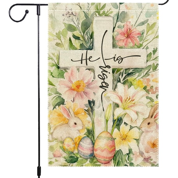 Easter Garden Flag 12 x 18 Inch Double Sided Burlap He Is Risen Cross Doves Olive Wreath Lilies Christian Spring Outdoor Yard Patio Religious Decor