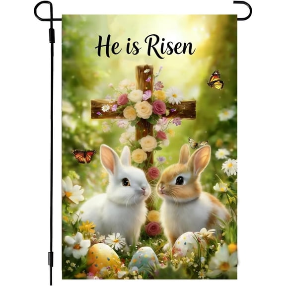 Easter Garden Flag 12x18 Double Sided Burlap He Is Risen Cross Flowers Bunny Outdoor Decorative Yard Flag for Lawn Porch Garden Dcor