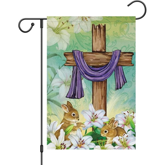 Easter Garden Flag 12x18 Double Sided Burlap, Small Vertical Cross Bunny Lilies Yard He is Risen for Religion Spring Outdoor Outside Decoration