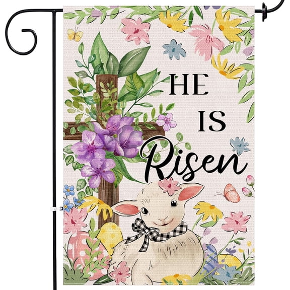Easter Garden Flag 12x18 Inch Double Sided Outside, He Is Risen Easter Flag Burlap Lamb Flowers Cross Decorations Outdoor Yard