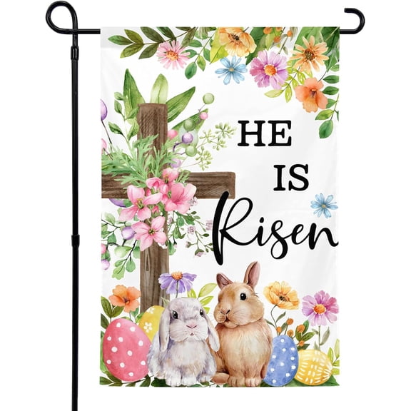 Easter Garden Flag 12x18 Inch Double-Sided Rabbit Flowers Cross Seasonal Flag for Porch Yard Farmhouse Lawn Outdoor Decor, No Flag Stand