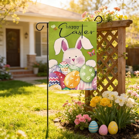 Easter Garden Flag Bunny Egg Print Hanging Banner Yard Porch Decor Sign, Fade Resistant Easy Hang Festive Style, For Garden Yard Patio Home Entry Door Spring Decoration
