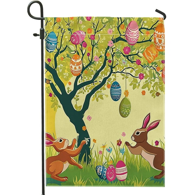 Easter Garden Flag Bunny Tree Egg Spring Grass Flower Cartoon Sun 