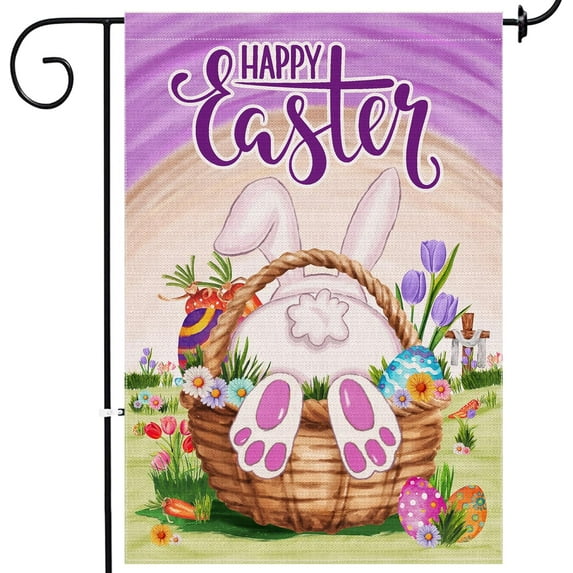 Easter Garden Flag, Easter Decor Bunny Eggs Tulip Yard Flag 12x18 Double Sided, Purple Easter Garden Flags Holiday Spring Burlap Signs Home Decorations Rustic Outdoor Farmhouse