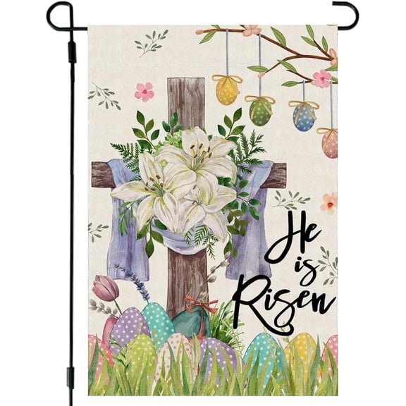 Easter Garden Flag He Is Risen Double Sided 12 x 18 Inch Small Yard Flag Watercolor Cross Lily Flowers Colorful Eggs Spring Outdoor Decoration
