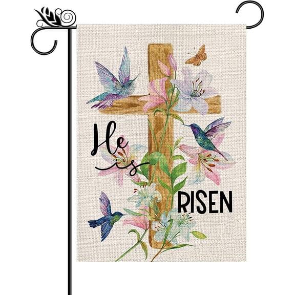 Easter Garden Flag Religious Cross Christian He is Risen Flower 12.5 x 18 Inch Burlap Double Sided Vertical Holiday Seasonal Spring Farmhouse Yard Outdoor Decorations